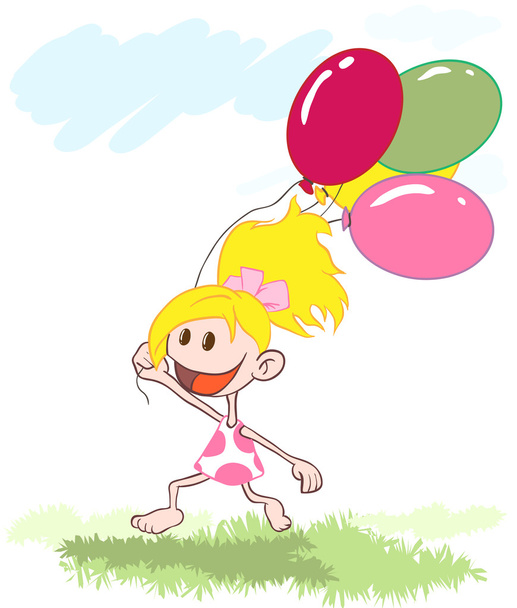 het kleine meisje liep over het veld met ballonnen - Vector, afbeelding