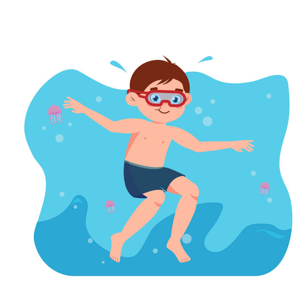 Vector illustration of a boy swimming underwater. Cartoon scene of a boy in blue water with jellyfish wearing diving goggles swimming underwater isolated on white background. - Vector, Image