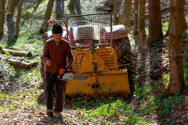 Alter Mann mit Kettensäge im Wald - Foto, Bild