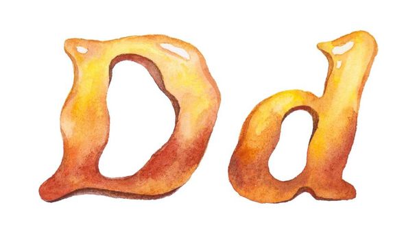 Hand-drawn watercolor yellow pastel illustration of the letter "D". Children's cartoon simple rounded style. Isolated on white background. Can be used for illustrations of children's books, flyers, scrap - Photo, Image