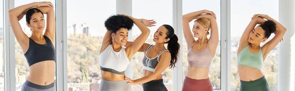 glückliche Pilates-Trainerin hilft schwarzer Frau bei ihrer Stretching-Übung im Studio, Banner - Foto, Bild