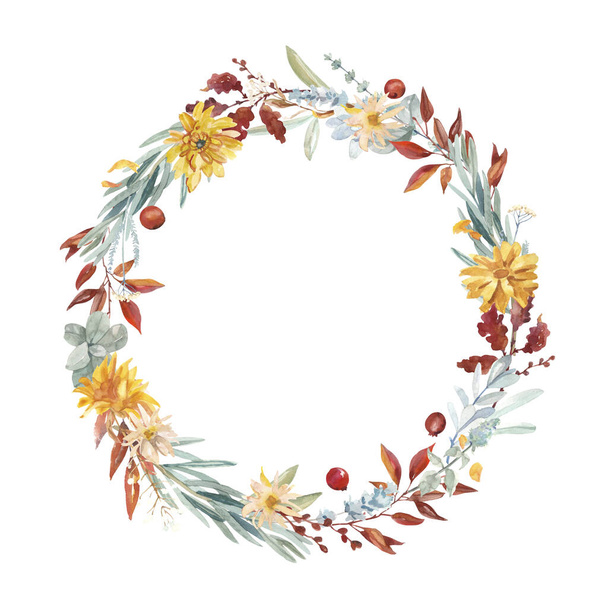 Suluboya el, botanik sonbahar yaprakları ve beyaz arka planda izole edilmiş çelenk çizimi. Düğün davetiyeleri ve tebrik kartları için ayrı bir çelenk aranjmanı - Fotoğraf, Görsel