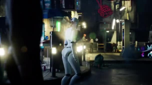 Dişi robot büyük bir şehirde cadde boyunca yürüyor. İnsansı yapay zeka robot caddeyi geçiyor. 3D animasyon. gelecekteki otomasyon işi - Video, Çekim