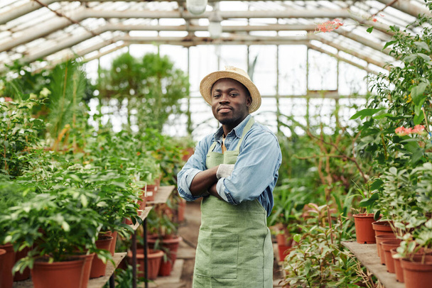 Portrait of confident young greenhouse owner wearing apron and hat standing with arms crossed looking at camera - Foto, Imagem