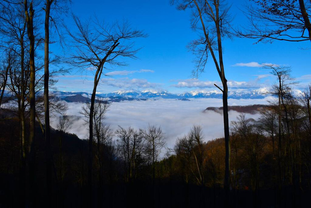 Вид на туманный пейзаж Гореньска, Словенья с заснеженными горами Караванке - Фото, изображение