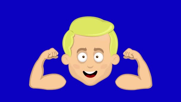 video animación rubia de dibujos animados hombre cara con ojos azules, mostrando bíceps de brazos. Sobre un fondo clave de croma azul - Imágenes, Vídeo