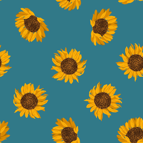 Patrón sin costura floral. Girasoles amarillos en flor sobre fondo azul. Ilustración vectorial moderna. - Vector, imagen