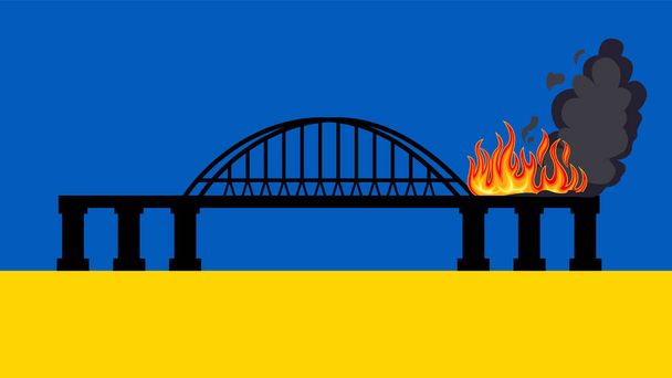 A híd lángokban áll. Tűz és füstfelhők. Egy híd fekete sziluettje boltívvel. Sima illusztráció. Ukrán zászló. - Vektor, kép