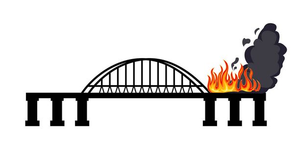 Le pont est en feu. Feu et nuages de fumée. Silhouette noire d'un pont avec une arche. Illustration simple et plate. - Vecteur, image
