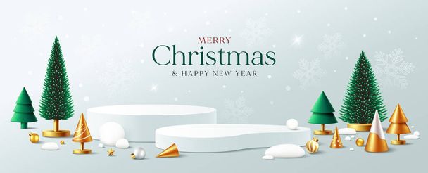 Boldog karácsonyt és boldog új évet 2024-ben, zöld és arany fenyő, fehér pódium kijelző díszek bannerek design hópehely háttér, EPS10 vektor illusztráció - Vektor, kép