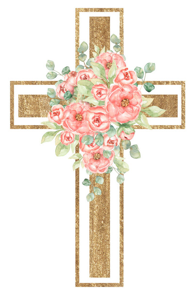 Acquerello dipinto a mano Rosa Fiori Croce Clipart, Pasqua Religiosa fiori illustrazione, Battesimo Croce clip art, Spirito Santo clipart, cornice d'oro - Foto, immagini