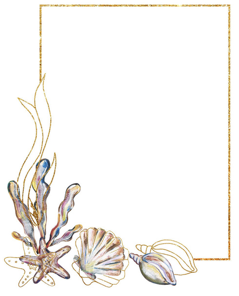 Acrílico pintado a mano conchas de mar, corales y perlas marco ilustración con fondo de color azul, clipart corona gráfica dorada, arte clip vida oceánica - Foto, Imagen