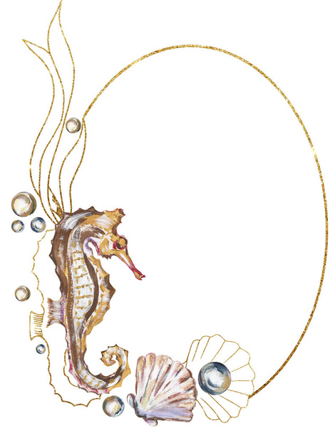 Ακρυλικό χέρι ζωγραφισμένα θαλασσινά όστρακα, κοράλλια, ιππόκαμπος και μαργαριτάρια απεικόνιση στεφάνι, χρυσό γραφικό στεφάνι κλιπ, ωκεάνια ζωή κλιπ τέχνης - Φωτογραφία, εικόνα