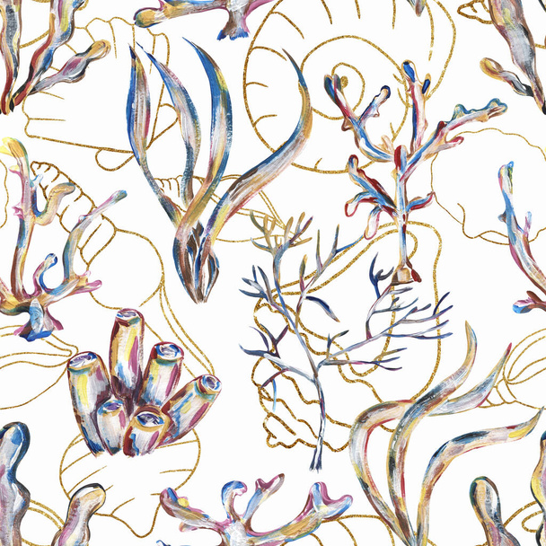 Akryyli käsin maalattu kultainen meri kuoret, rikkaruohot, korallit saumaton kuvio, graafinen Ocean Life toista paperi - Valokuva, kuva