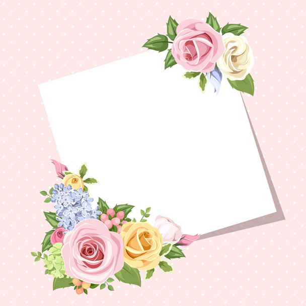 Card with colorful roses and lisianthus flowers. Vector eps-10. - Wektor, obraz