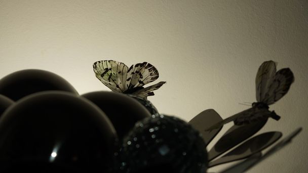 dunkle Kugeln gegen dunkle Glaskugeln und Schmetterlinge - Foto, Bild
