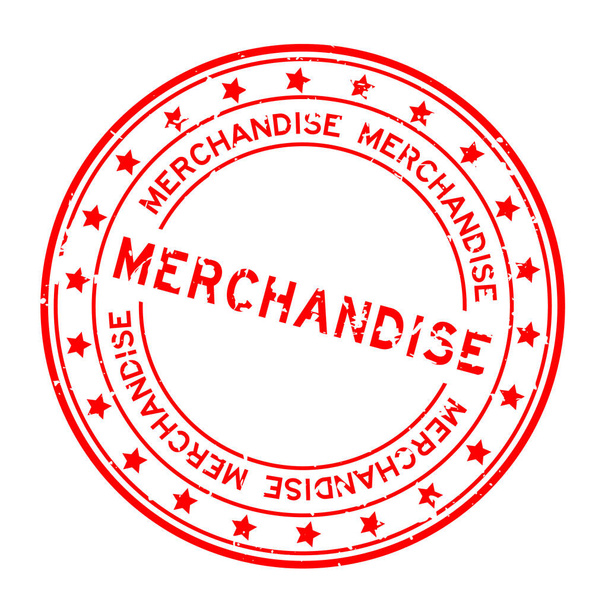 Grunge rote Merchandise-Wort mit Stern-Symbol runden Gummidichtung Stempel auf weißem Hintergrund - Vektor, Bild