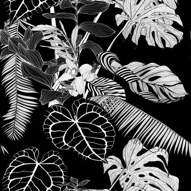 Fundo padrão sem costura com o selo de Salomão (Polygonatum multiflorum), palmas, flores, monstera ilustração desenho folha. Ilustração de linha tropical exótica. - Vetor, Imagem