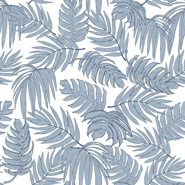 Sininen saumaton kuvio trooppisia hirviöitä ja palmunlehtiä. Graafinen moderni vektorikuvitus. - Vektori, kuva