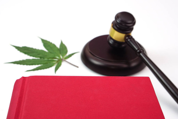 A jogi könyv középpontjában, homályos bíró kalapács és cannabis levél vagy marihuána levél elhelyezve a hátán. Jog, igazságszolgáltatás fogalma. - Fotó, kép