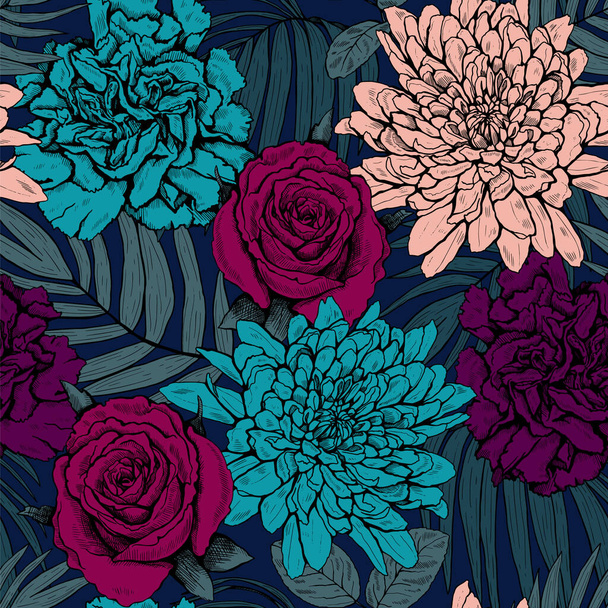 Florales nahtloses Muster mit verschiedenen blühenden Blüten und Blättern. Moderne grafische, handgezeichnete Vektorillustration. - Vektor, Bild
