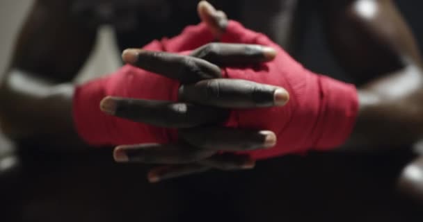 Man, hands and boxer getting ready for fight, competition or training at night, club or gym. Closeup of male person, athlete or boxing fighter with gloves on fist for protection, MMA or self defense. - Footage, Video