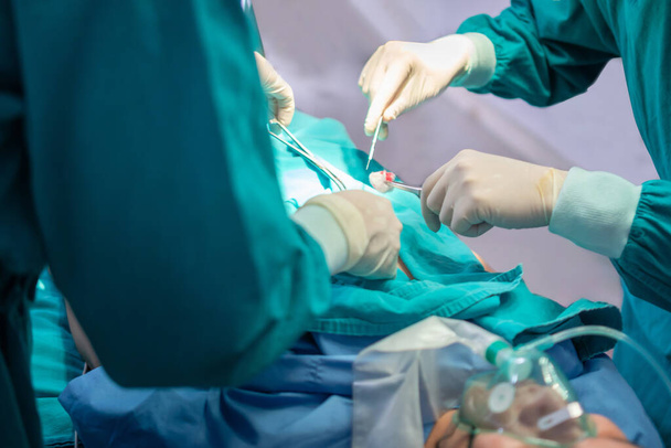 Медицинская команда, выполняющая хирургическую операцию в операционной, сосредоточенная операционная команда, оперирующая пациента - Фото, изображение