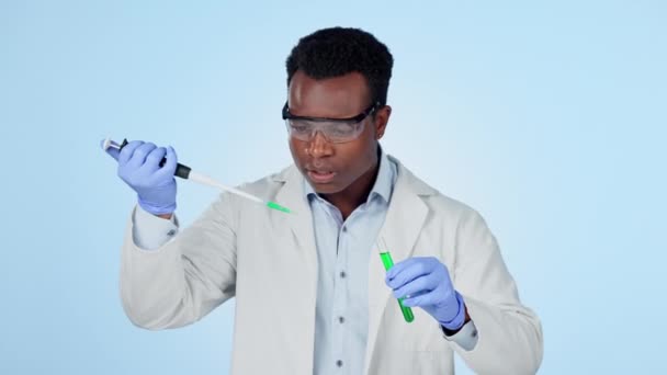 Scientist, man and doctor with pipette for experiment, medical innovation and genetic engineering for results. Black person, biochemistry and test tube for science, research for healthcare in mockup. - Footage, Video