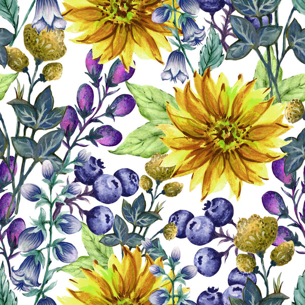 Φυτικό λουλούδι απρόσκοπτη επαναλαμβανόμενο μοτίβο. Κήπος πρασινάδα και φύλλα φυλλώματος για εκτύπωση υφασμάτων, ταπετσαρία, εσωτερικό - Φωτογραφία, εικόνα