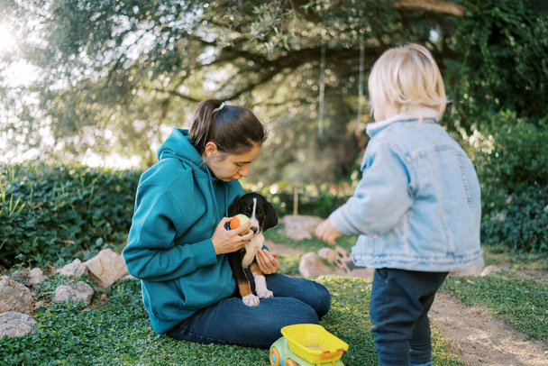 Klein meisje kijkt naar haar moeder zittend op het groene gras met een puppy op schoot en een bal in haar hand. Hoge kwaliteit foto - Foto, afbeelding