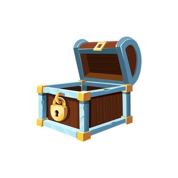 Open lege houten kist met gouden hangslot. Vector cartoon illustratie. - Vector, afbeelding