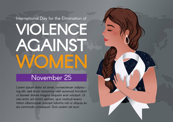 International Day for the Elimination of Violence Against Women. Banner with A cute girl holding a white ribbon in her hands. Hand-drawn vector colorful illustration. Support, love, and hope concept. - Vector, Image