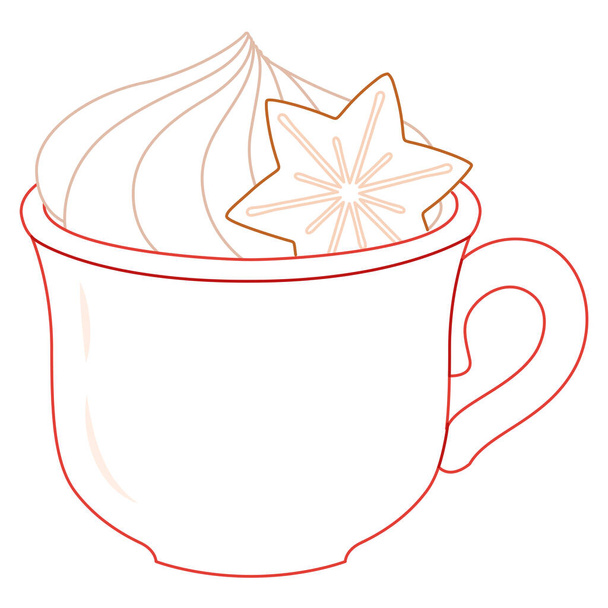 Niedliche festliche rote Tasse Heiße Schokolade mit Marshmallows und Lebkuchen. Tee, Heißgetränke, Kakao. Weihnachtlicher Kaffeebecher im flachen Stil. Linienzeichnung. Vektorillustration - Vektor, Bild