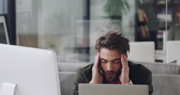 Businessman, stress or headache on modern office computer or laptop in digital marketing company or advertising startup. Anxiety, burnout or creative designer mistake on web design or logo technology. - Footage, Video