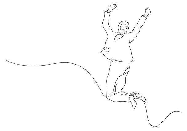 счастливая деловая женщина в воздухе прыжки успешного празднования триумфа руки вверх непрерывной линии рисования - Вектор,изображение