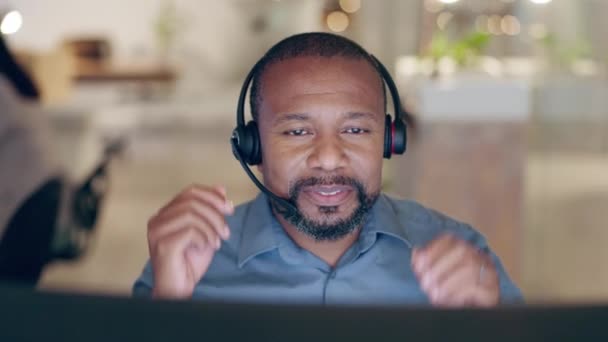 Black man, call center and relax on break in customer service, support or telemarketing at the office. African businessman, consultant or agent resting with hands behind head for done or completion. - Footage, Video