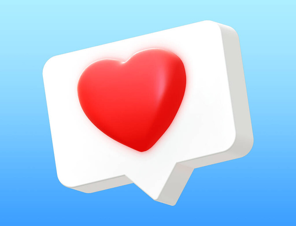 Vörös szív fehér szövegbuborékban. 3D elem ikon illusztráció. Szerelmi beszéd emoji vagy mint értesítés a közösségi média alkalmazás koncepció. Grafikus dekoráció. Minimális rajzfilm stílus. - Fotó, kép
