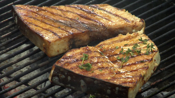 Spruzzando bistecche di pesce spada su un barbecue
 - Filmati, video