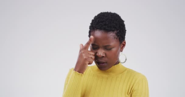 Woman, thinking or frustrated in studio idea forgot mockup space, brainstorming or decision. African female person, finger for why stress on white background for remember, confused or memory question. - Footage, Video