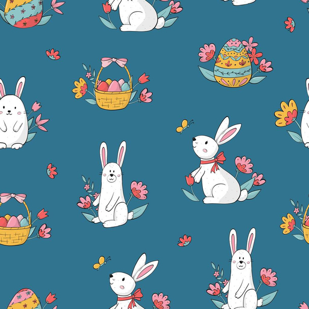 Patrón sin costura de Pascua con conejos garabateados, flores y huevos ob fondo azul oscuro para papel pintado, estampados textiles, scrapbooking, papelería, empacadora, etc. EPS 10 - Vector, imagen