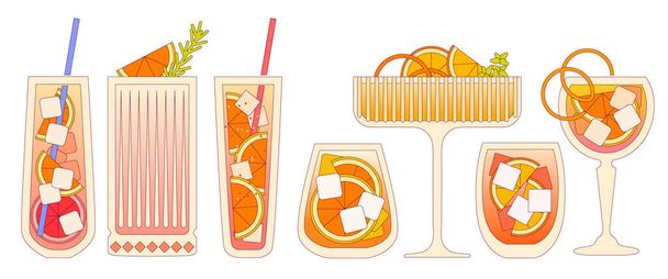Wektor płaska ilustracja z gradientu i zarysu. Alkohol orzeźwiający napój z cytrusami, pomarańczą i grejpfrutem. Zestaw koktajlowy ze szkła dekoracyjnego. Płyn w wysokiej i kulistej szklance. Napoje mocktail - Wektor, obraz