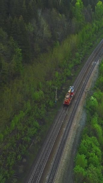 鉄道線路を検査する列車を通過して戻ってくる. 空からの眺め。 バーティカルビデオ - 映像、動画