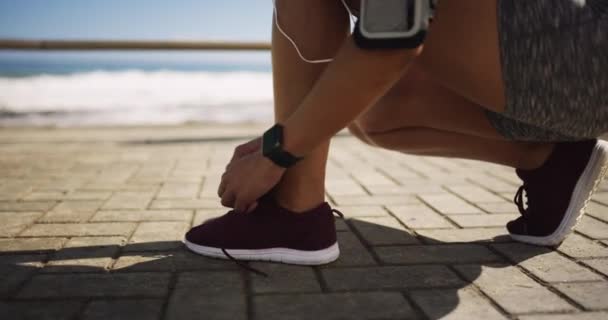 Person, tie and shoes with fitness for race, training and exercise on boardwalk in Cape Town. Runner, commitment or dedication for health in wellness with workout for competition, marathon or sport. - Footage, Video