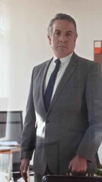 Függőleges portré vezető magabiztos vállalkozó üzleti ruha nézi kamera az irodában - Felvétel, videó