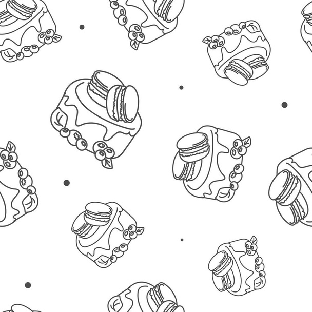 Vector illustration. Contour seamless pattern. Cakes, macaroons in sketch style. Hand drawn food elements. Desserts and sweets festive pattern for textiles, wallpaper, packaging, wrapping paper. - Vector, Image