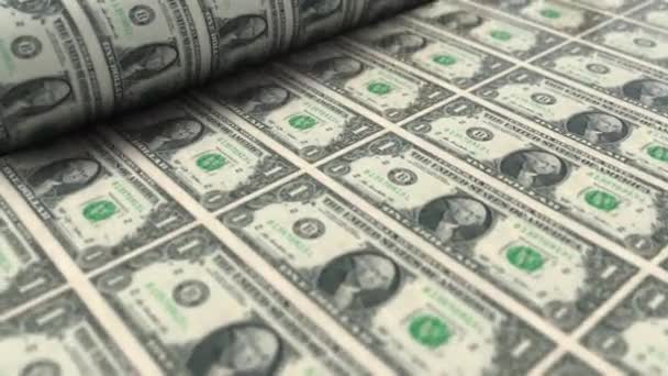1 As notas de dólar dos EUA estão a ser impressas pela máquina de impressão de moeda. processo de impressão de dinheiro americano, conceito de economia de negócios de finanças, animação 3D, 4k render. - Filmagem, Vídeo