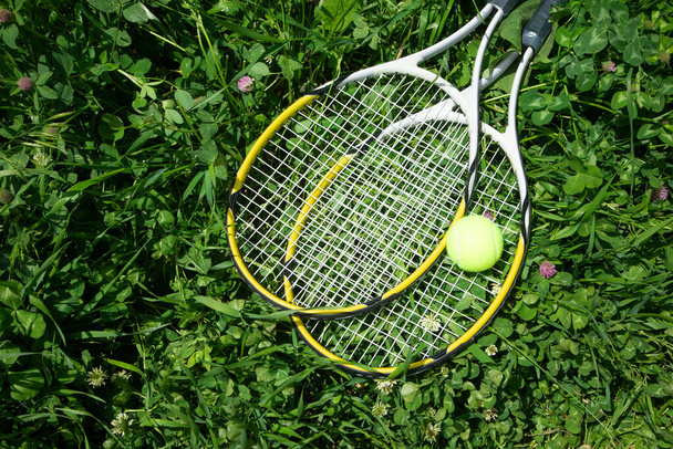 Bola de tênis e raquete no fundo de grama verde. - Foto, Imagem