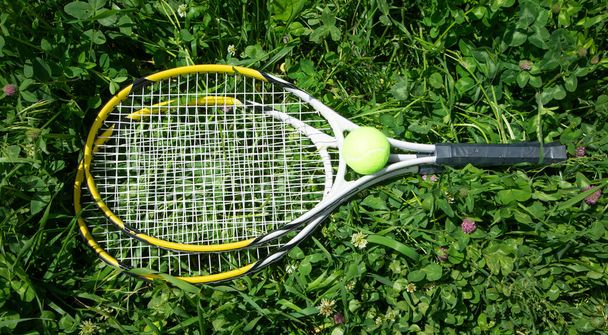 Μπάλα τένις και ρακέτα στο πράσινο φόντο γρασίδι. - Φωτογραφία, εικόνα