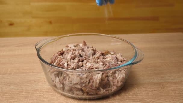 Du sel et des épices sont ajoutés à la viande. Préparation des plats de viande. - Séquence, vidéo