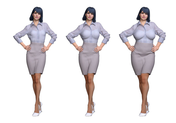 3D Render : Front view of standing female body type illustration : ectomorph (skinny type), mesomorph (muscular type), endomorph(heavy weight type) - Photo, Image